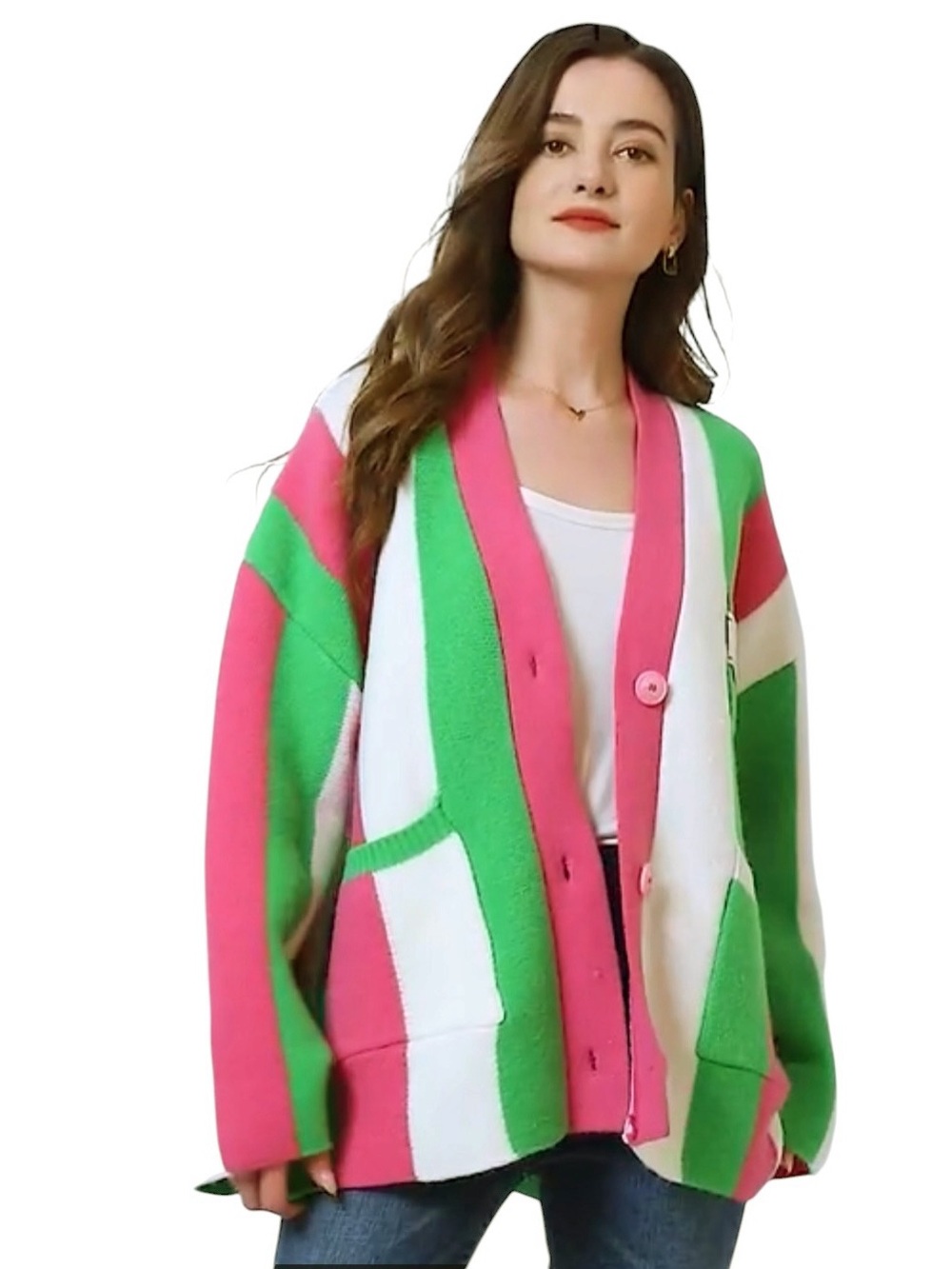 ROTHSTONE Bright Bold Striped Cardigan Sweater Pink Green & White Large